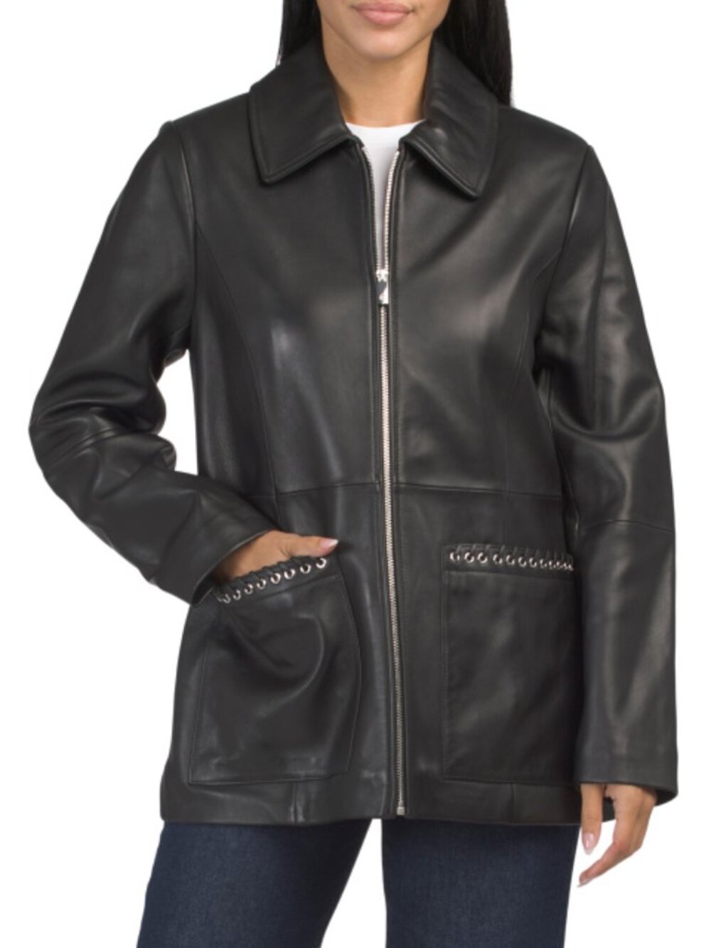 ANNE KLEIN Black Leather Missy Zip Front Jacket